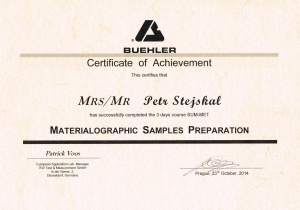 Certifikát k provádění metalografických výbrusů